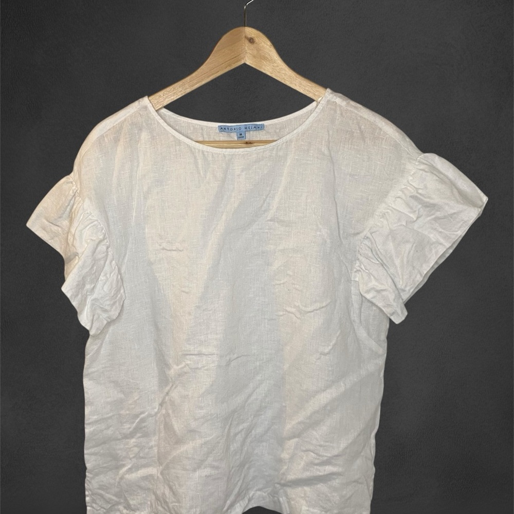 ANTONIO MELANI 100% Linen White Short Ruffle Sleeve Blouse